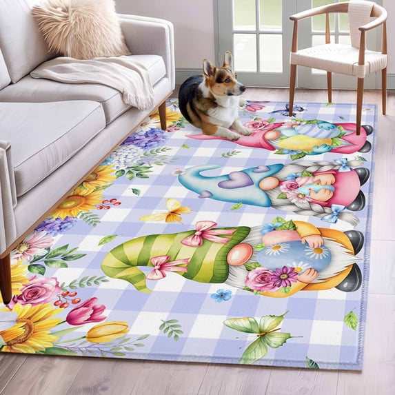 Easter Kitchen Runner Rug 2.7x5 Washable Runners for Hallway Non Slip Watercolor Gnomes Eggs Flowers Butterflies Purple Plaid Large Area Rug Indoor Floor Carpet for Bathroom Laundry Entryway Bedroom