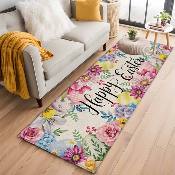 Easter Kitchen Runner Rug 2x6 Washable Runners for Hallway Non Slip Colorful Flowers Eggs Tulips Daisy Vintage Floral Large Area Rug Indoor Floor Carpet for Bathroom Laundry Entryway Bedroom