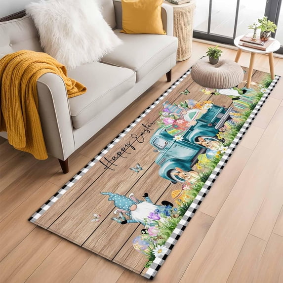 Easter Kitchen Runner Rug 2x6 Washable Runners for Hallway Non Slip Plaid Truck Eggs Bunny Floral Gnomes Wooden Large Area Rug Indoor Floor Carpet for Bathroom Laundry Entryway Bedroom Living Room