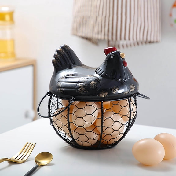 Easter Kitchen Storage Basket - 3D Ceramic Chicken Egg Holder with Handle, Durable Wire Mesh Kitchen Countertop Organizer - Ventilated Storage for Eggs Fruits Bread Rolls (Black)