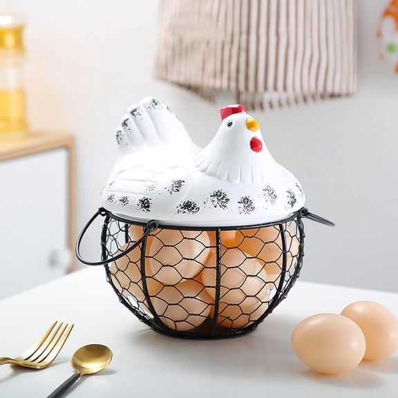 Easter Kitchen Storage Basket - 3D Ceramic Chicken Egg Holder with Handle, Durable Wire Mesh Kitchen Countertop Organizer - Ventilated Storage for Eggs Fruits Bread Rolls (White)