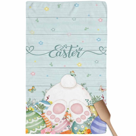 Easter Kitchen Towel Spring Bunny Tail Colored Eggs Leaf Light Green Wood Grain Quick Dry Absorbent Dish Towels Soft Microfiber Cloth Dishcloth for Kitchen Cooking Baking 16 x 24 Inch , 1 Pack