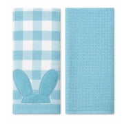 Easter Kitchen Towels 2-Piece Blue White Buffalo Plaid Bunny Ears and Solid Waffle Liberty