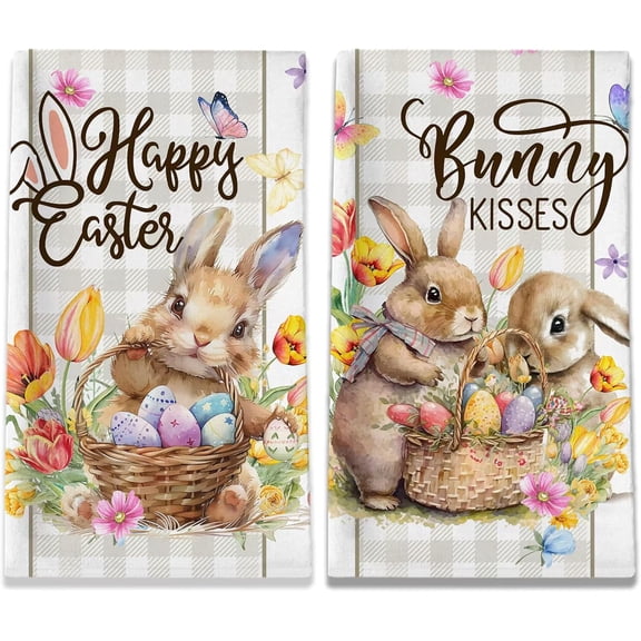 Easter Kitchen Towels, Easter Bunny Towels Set of 2, Happy Easter Eggs Dish Hand Towels for Kitchen with Buffalo Plaid Farmhouse Spring Gifts Decorations for Home, 18x26 Inches