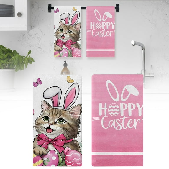 Easter Kitchen Towels,Easter Bunny Towels Set of 2,Happy Easter Eggs Dish Hand Towels for Kitchen with Single-sided Buffalo Plaid Farmhouse Spring Gifts Decorations for Home,15.8x23.6 Inches(#09)