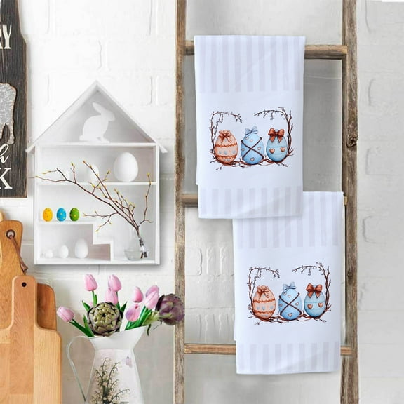 Easter Kitchen Towels, Easter Towels Set of 2, Happy Easter Dish Hand Tea Towels for Bathroom Kitchen with Bunny Eggs Tulips Holiday Spring Housewarming Gifts Decorations for Home (18x28 Inches)