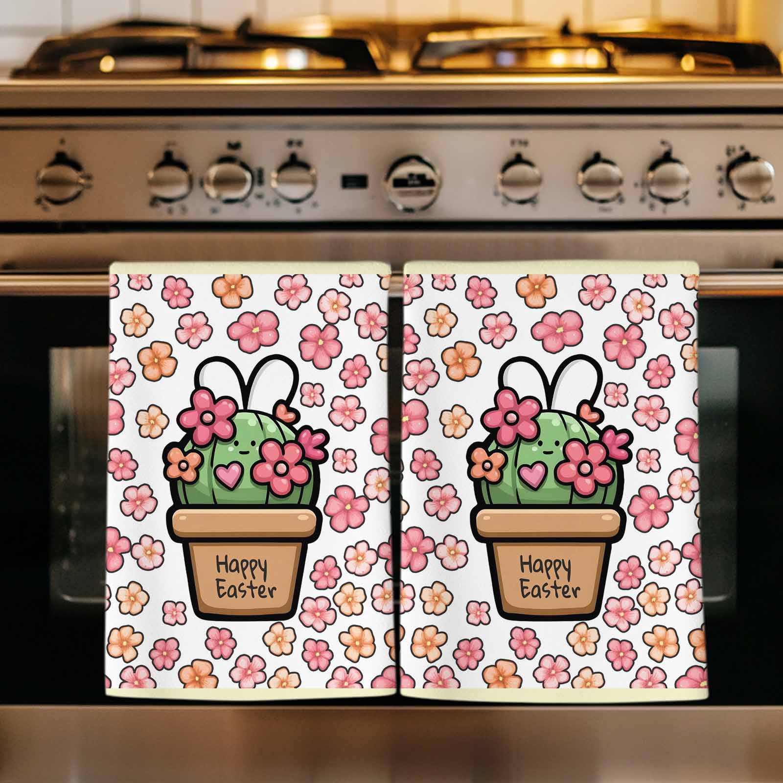 Easter Kitchen Towels Set of 1, Bunny Ears Spring Pink Flowers Potted ...