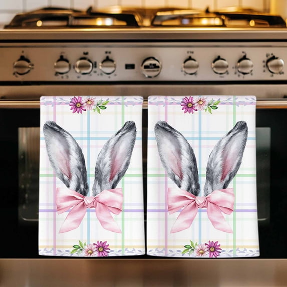 Easter Kitchen Towels Set of 1, Cute Rabbits Ears Bow Daisy Flower Watercolor Plaid Absorbent Dish Towels for Kitchen, Microfiber Hand Towel, Quick Drying Tea Towel for Cleaning Decorative Dishcloths
