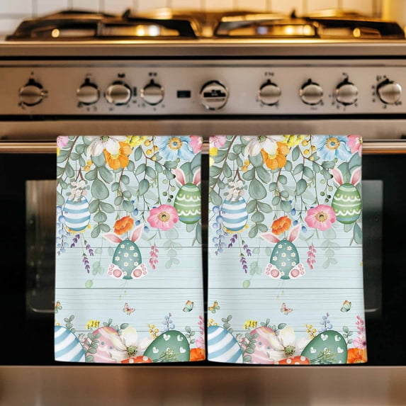 Easter Kitchen Towels Set of 1, Spring Eggs Eucalyptus Branch Floral Wooden Absorbent Dish Towels for Kitchen, Microfiber Hand Towel, Quick Drying Tea Towel for Cleaning Decorative Dishcloths