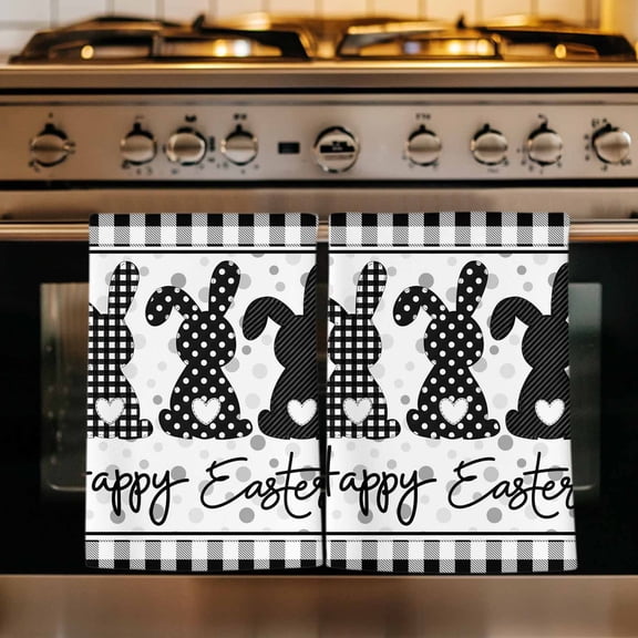 Easter Kitchen Towels Set of 1, Spring Polka Dot Bunny Black Plaid Checkered Absorbent Dish Towels for Kitchen, Microfiber Hand Towel, Quick Drying Tea Towel for Cleaning Decorative Dishcloths