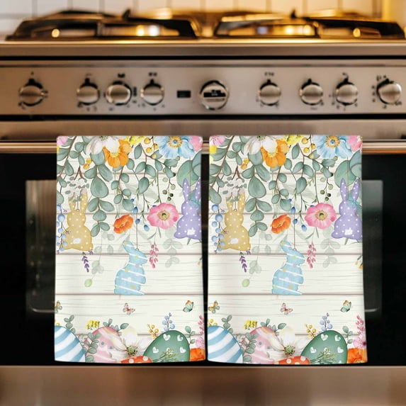 Easter Kitchen Towels Set of 1, Spring Rabbit Eggs Eucalyptus Leaves Floral Wood Absorbent Dish Towels for Kitchen, Microfiber Hand Towel, Quick Drying Tea Towel for Cleaning Decorative Dishcloths