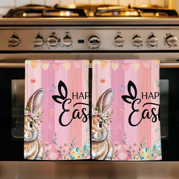 Easter Kitchen Towels Set of 1, Spring Rabbit Eggs Flowers Flags Leaves Wood Grain Absorbent Dish Towels for Kitchen, Microfiber Hand Towel, Quick Drying Tea Towel for Cleaning Decorative Dishcloths