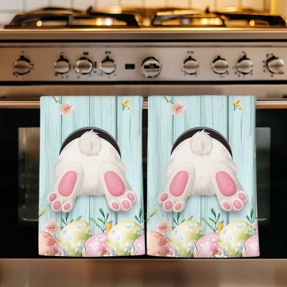 Easter Kitchen Towels Set of 1, Spring Rabbit Feet Eggs Flower Green Wooden Grain Absorbent Dish Towels for Kitchen, Microfiber Hand Towel, Quick Drying Tea Towel for Cleaning Decorative Dishcloths