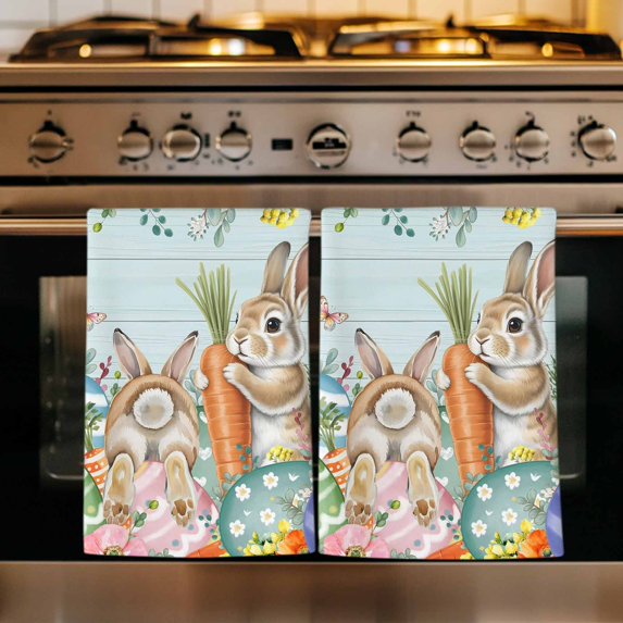 Easter Kitchen Towels Set of 1, Spring Rabbit Tail Eggs Eucalyptus Leaves Wood Absorbent Dish Towels for Kitchen, Microfiber Hand Towel, Quick Drying Tea Towel for Cleaning Decorative Dishcloths