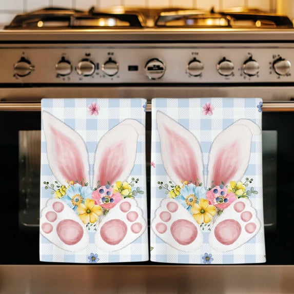 Easter Kitchen Towels Set of 1, Spring Rabbits Ears Feet Floral Blue Lattice Absorbent Dish Towels for Kitchen, Microfiber Hand Towel, Quick Drying Tea Towel for Cleaning Decorative Dishcloths