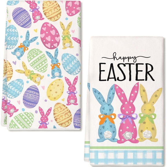 Easter Kitchen Towels Set of 2,18x26 Inch Colorful Polka Dot Bunnies Dish Cloths -Eggs & Happy Easter Farmhouse Design,Spring Holiday Hand Towels for Easter Decor & Gifting