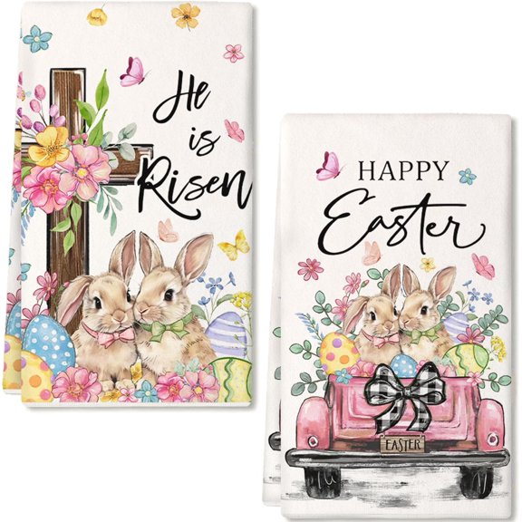 Easter Kitchen Towels Set of 2,18x26 Inch Truck Dish Cloths - Pink Flower Bunny & Eggs Farmhouse Design,Spring Holiday Hand Towels for Easter Decor & Gifting