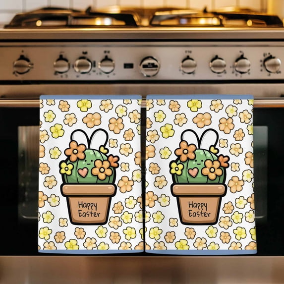 Easter Kitchen Towels Set of 2, Bunny Ears Spring Yellow Flowers Potted Plant Pastoral Absorbent Dish Towels for Kitchen, Microfiber Hand Towel, Quick Drying Tea Towel for Cleaning Dishcloths