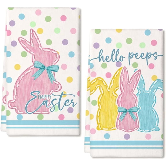 Easter Kitchen Towels Set of 2,Colorful Polka Dot Bunny Hello Peeps Dish Towels 18x26 Inch Drying Dishcloth,Farmhouse Holiday Seasonal Spring Decorations