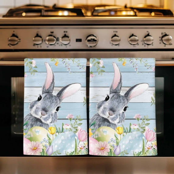 Easter Kitchen Towels Set of 2, Country Spring Bunny Eggs Botanicals Wooden Plank Absorbent Dish Towels for Kitchen, Microfiber Hand Towel, Quick Drying Tea Towel for Cleaning Decorative Dishcloths