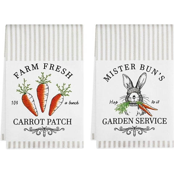 Easter Kitchen Towels Set of 2, Easter Bunny Carrot Patch Decorative Dish Towels, 18x26 Inch Happy Easter Hand Towels, Cute Happy Spring Hand Drying Tea Towels for Home Bathroom Kitchen