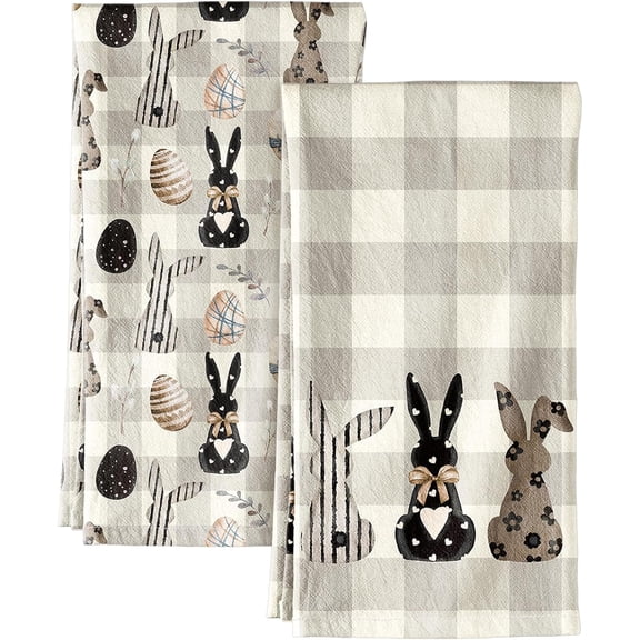 Easter Kitchen Towels Set of 2 - Flour Sack Tea Towels with Hanging Loop 18x26 Inch Spring Rabbit Eggs Beige Checkered Hand Dish Cloths Reusable Dishcloths Cute Easter Decor