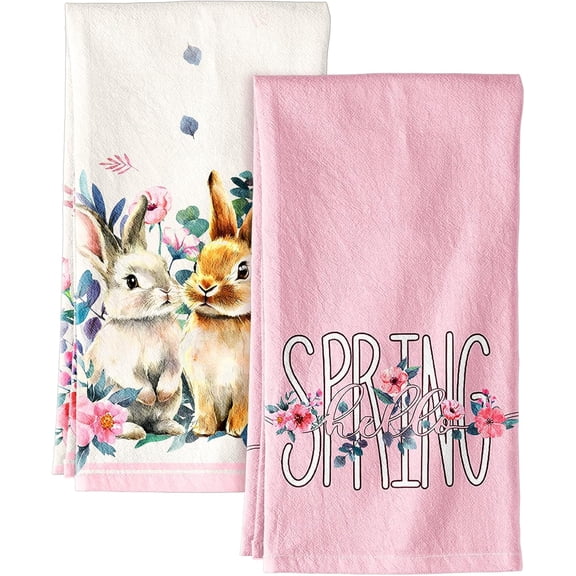 Easter Kitchen Towels Set of 2 - Flour Sack Tea Towels with Hanging Loop 18x26 Inch Spring Rabbit Pink Flowers Hand Dish Cloths Reusable Dishcloths Cute Easter Decor