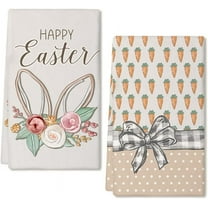 Easter Kitchen Towels Set of 2,Orange Carrots Bunny Flower Happy Easter Dish Towels 18x26 Inch Drying Dishcloth,Farmhouse Holiday Seasonal Spring Decorations