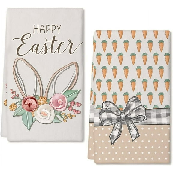 Easter Kitchen Towels Set of 2,Orange Carrots Bunny Flower Happy Easter Dish Towels 18x26 Inch Drying Dishcloth,Farmhouse Holiday Seasonal Spring Decorations