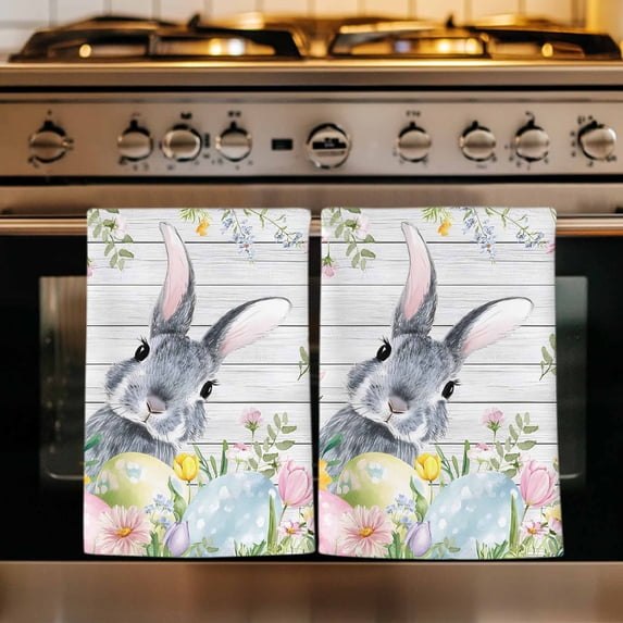 Easter Kitchen Towels Set of 2, Spring Bunny Colorful Eggs Plants Wooden Grain Absorbent Dish Towels for Kitchen, Microfiber Hand Towel, Quick Drying Tea Towel for Cleaning Decorative Dishcloths