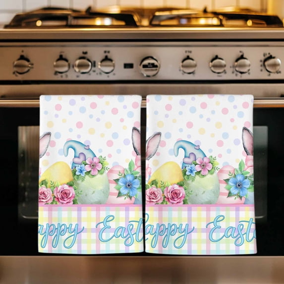 Easter Kitchen Towels Set of 2, Spring Colorful Bunny Eggs Flowers Polka Dot Plaid Absorbent Dish Towels for Kitchen, Microfiber Hand Towel, Quick Drying Tea Towel for Cleaning Decorative Dishcloths