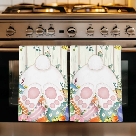 Easter Kitchen Towels Set of 2, Spring Rabbit Ears Foot Colorful Eggs Leaf Floral Absorbent Dish Towels for Kitchen, Microfiber Hand Towel, Quick Drying Tea Towel for Cleaning Decorative Dishcloths