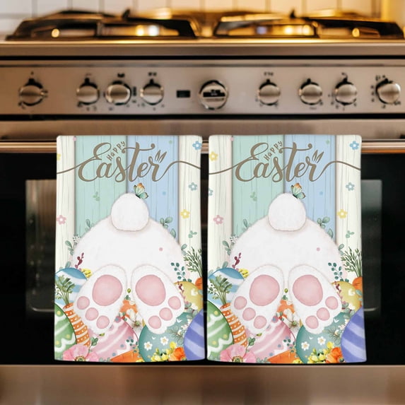 Easter Kitchen Towels Set of 2, Spring Rabbit Ears Foot Flowers Eggs Green Wooden Absorbent Dish Towels for Kitchen, Microfiber Hand Towel, Quick Drying Tea Towel for Cleaning Decorative Dishcloths