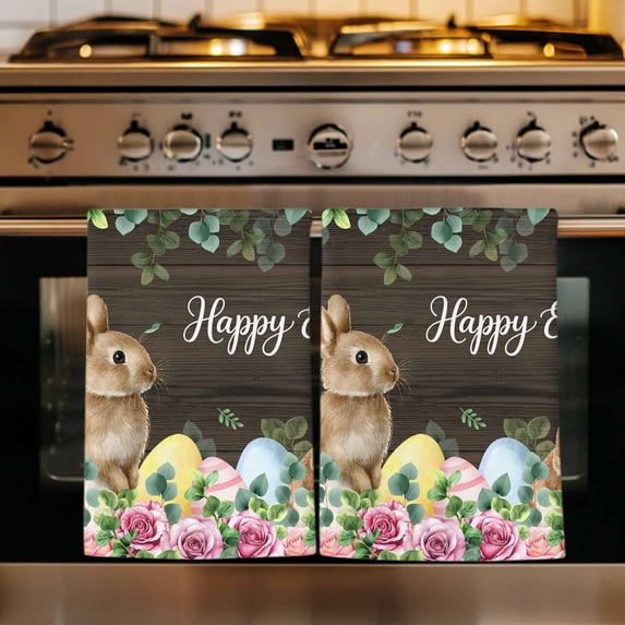 Easter Kitchen Towels Set of 2, Spring Watercolor Bunny Eggs Flower Leaf Wood Grain Absorbent Dish Towels for Kitchen, Microfiber Hand Towel, Quick Drying Tea Towel for Cleaning Decorative Dishcloths