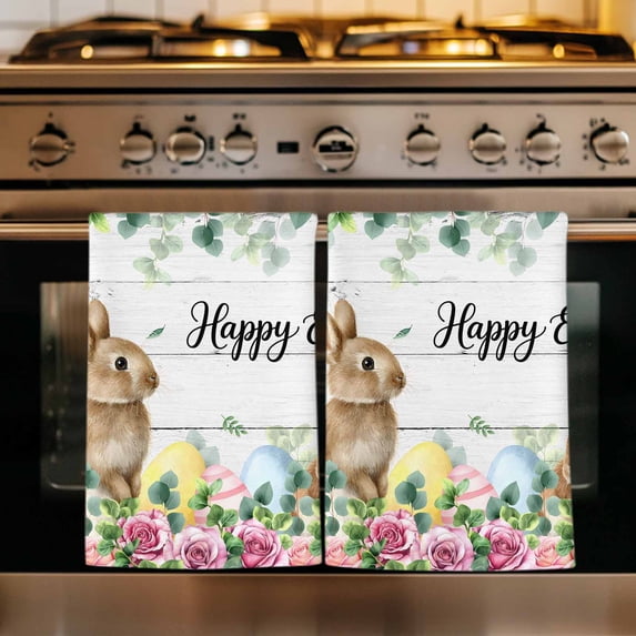 Easter Kitchen Towels Set of 2, Spring Watercolor Bunny Eggs Flower Leaf Wooden Grey Absorbent Dish Towels for Kitchen, Microfiber Hand Towel, Quick Drying Tea Towel for Cleaning Dishcloths