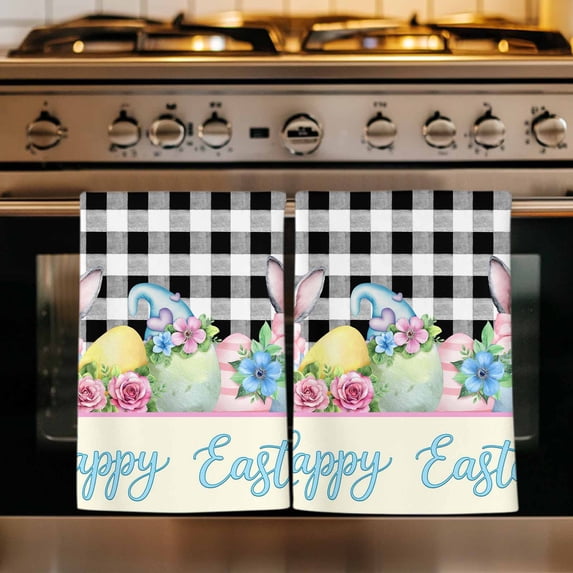 Easter Kitchen Towels Set of 2, Spring Watercolor Bunny Eggs Flowers Black Plaid Absorbent Dish Towels for Kitchen, Microfiber Hand Towel, Quick Drying Tea Towel for Cleaning Decorative Dishcloths