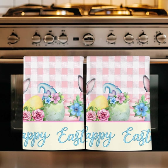 Easter Kitchen Towels Set of 2, Spring Watercolor Bunny Eggs Flowers Pink Plaid Absorbent Dish Towels for Kitchen, Microfiber Hand Towel, Quick Drying Tea Towel for Cleaning Decorative Dishcloths