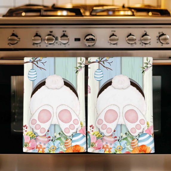 Easter Kitchen Towels Set of 2, Spring Watercolor Bunny Eggs Wood Grain Teal Blue Absorbent Dish Towels for Kitchen, Microfiber Hand Towel, Quick Drying Tea Towel for Cleaning Decorative Dishcloths
