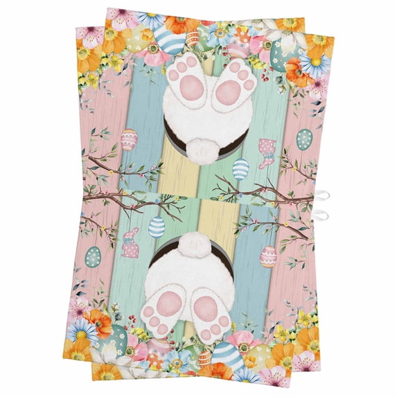 Easter Kitchen Towels Set of 2, Water Absorbent Dish Towel, Spring Colorful Bunny Eggs Flower Wood Grain Decorative Hand Towels - Quick Drying Cloth for Cooking Baking, 18x28 Inch
