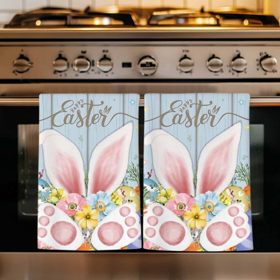 Easter Kitchen Towels Set of 3, Spring Eggs Rabbit Ear Flowers Wooden Grain Absorbent Dish Towels for Kitchen, Microfiber Hand Towel, Quick Drying Tea Towel for Cleaning Decorative Dishcloths