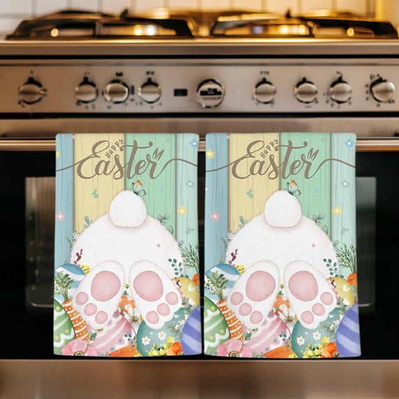 Easter Kitchen Towels Set of 3, Spring Rabbit Ears Foot Eggs Floral Wooden Grain Absorbent Dish Towels for Kitchen, Microfiber Hand Towel, Quick Drying Tea Towel for Cleaning Decorative Dishcloths