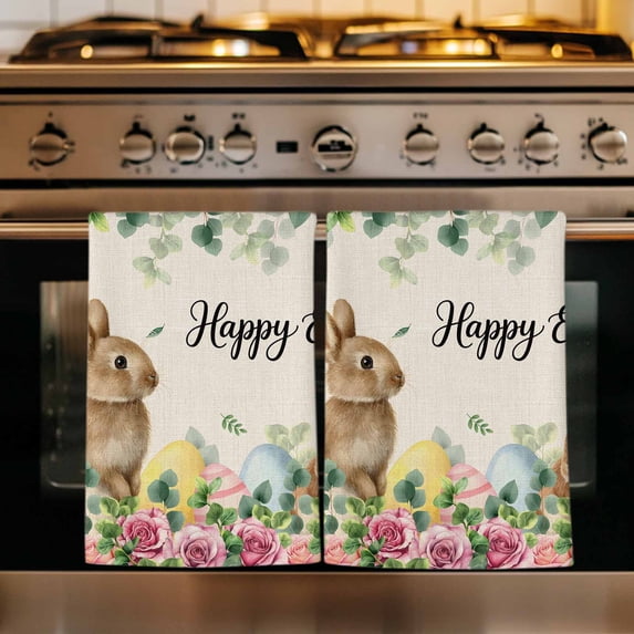Easter Kitchen Towels Set of 3, Spring Watercolor Bunny Eggs Flower Leaf Beige Absorbent Dish Towels for Kitchen, Microfiber Hand Towel, Quick Drying Tea Towel for Cleaning Decorative Dishcloths