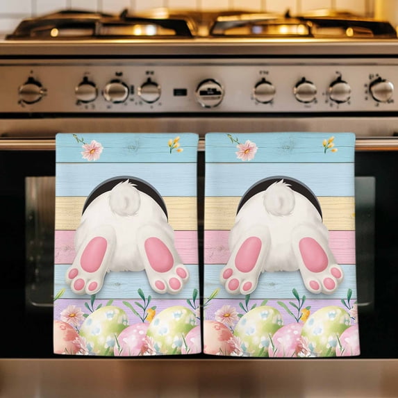 Easter Kitchen Towels Set of 4, Colorful Wooden Grain Easter Bunny Eggs Farmhouse Flower Absorbent Dish Towels for Kitchen, Microfiber Hand Towel, Quick Drying Tea Towel for Cleaning Dishcloths