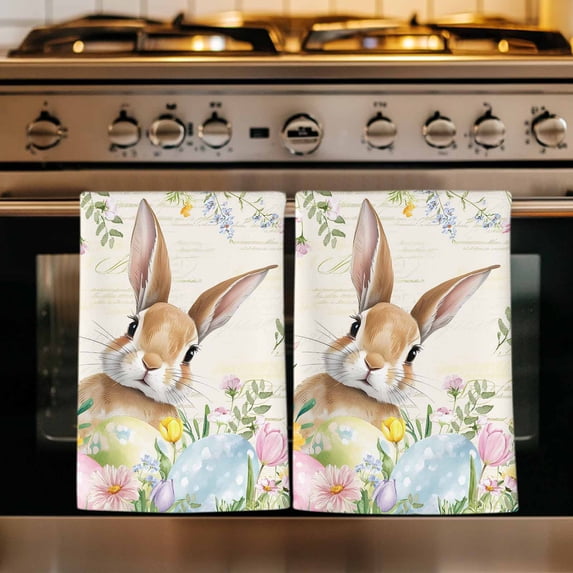 Easter Kitchen Towels Set of 4, Pastoral Spring Bunny Eggs Botanical Flowers Leaf Absorbent Dish Towels for Kitchen, Microfiber Hand Towel, Quick Drying Tea Towel for Cleaning Decorative Dishcloths