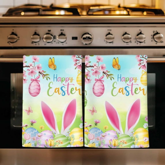 Easter Kitchen Towels Set of 4, Spring Bunny Colorful Rabbit Eggs Butterfly Blue Green Absorbent Dish Towels for Kitchen, Microfiber Hand Towel, Quick Drying Tea Towel for Cleaning Dishcloths
