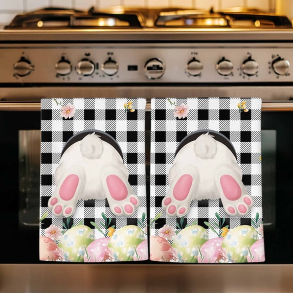 Easter Kitchen Towels Set of 4, Spring Bunny Feet Flowers Eggs Black Buffalo Plaid Absorbent Dish Towels for Kitchen, Microfiber Hand Towel, Quick Drying Tea Towel for Cleaning Decorative Dishcloths