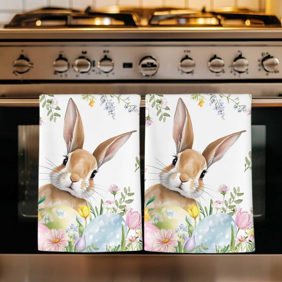 Easter Kitchen Towels Set of 4, Spring Rabbit Colorful Eggs Budding Florals Leaf Absorbent Dish Towels for Kitchen, Microfiber Hand Towel, Quick Drying Tea Towel for Cleaning Decorative Dishcloths