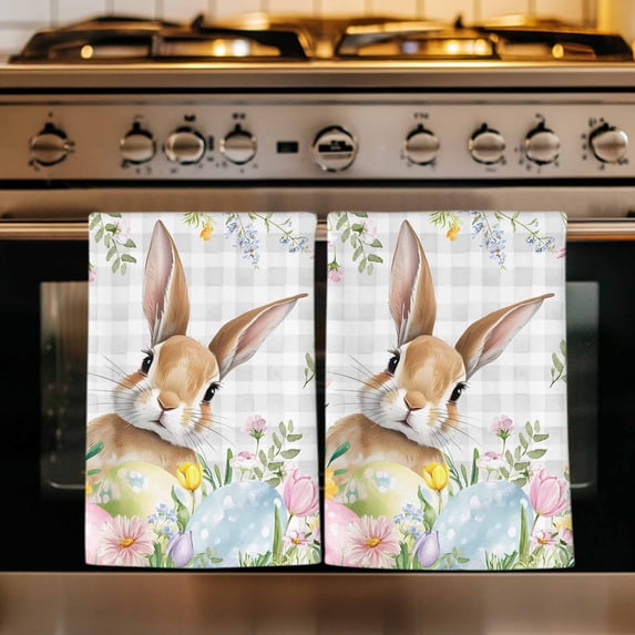 Easter Kitchen Towels Set of 4, Spring Rabbit Eggs Blooms Flowers Leaf Grey Plaid Absorbent Dish Towels for Kitchen, Microfiber Hand Towel, Quick Drying Tea Towel for Cleaning Decorative Dishcloths