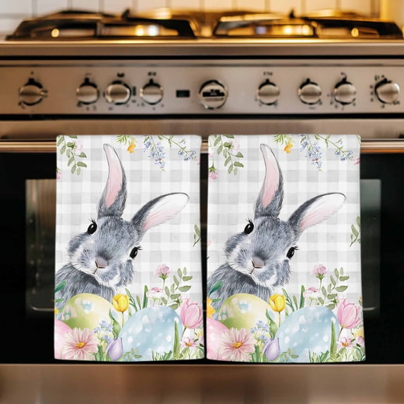 Easter Kitchen Towels Set of 4, Spring Rabbit Eggs Flowers Leaves Grey Plaid Absorbent Dish Towels for Kitchen, Microfiber Hand Towel, Quick Drying Tea Towel for Cleaning Decorative Dishcloths