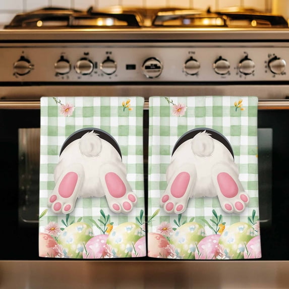 Easter Kitchen Towels Set of 4, Spring Rabbit Feet Wildflowers Eggs Green Lattice Absorbent Dish Towels for Kitchen, Microfiber Hand Towel, Quick Drying Tea Towel for Cleaning Decorative Dishcloths